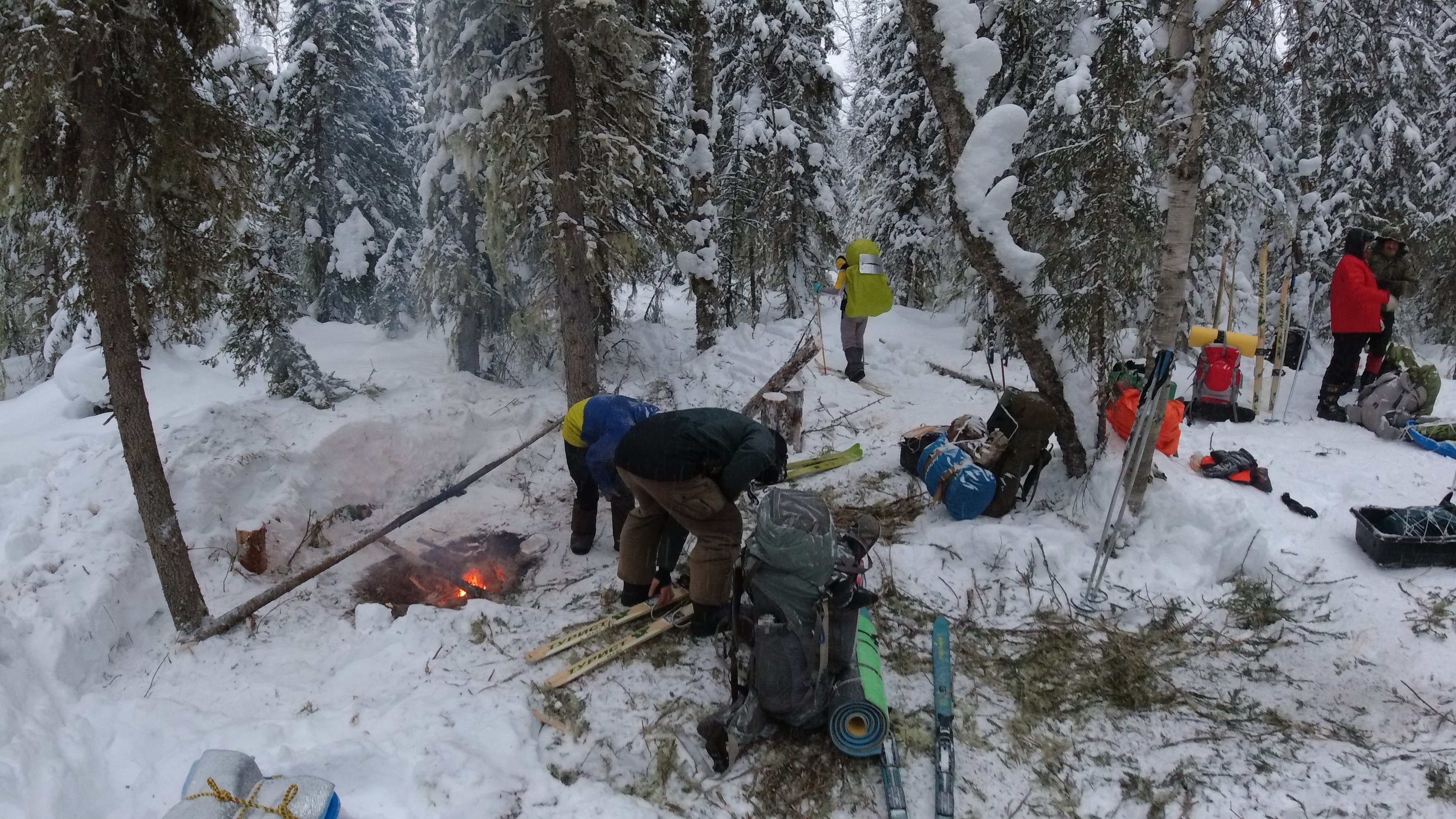 Esquiadores a preparar o equipamento perto de uma fogueira em bosques nevados