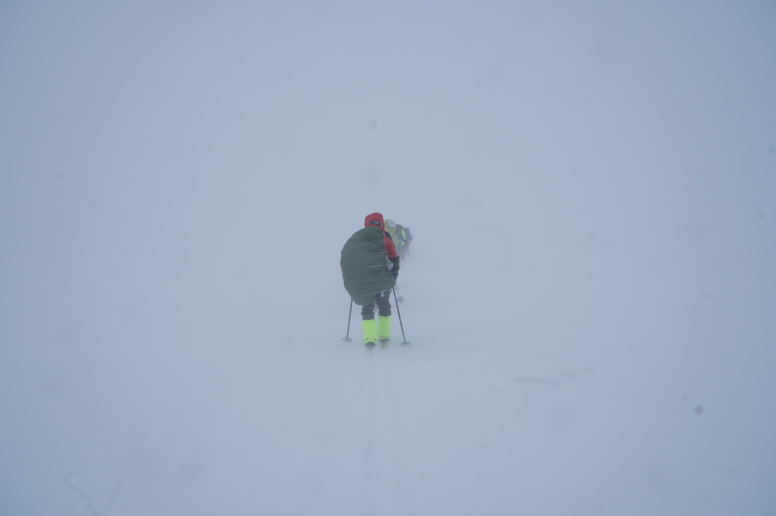 Rear view of a skier in fog