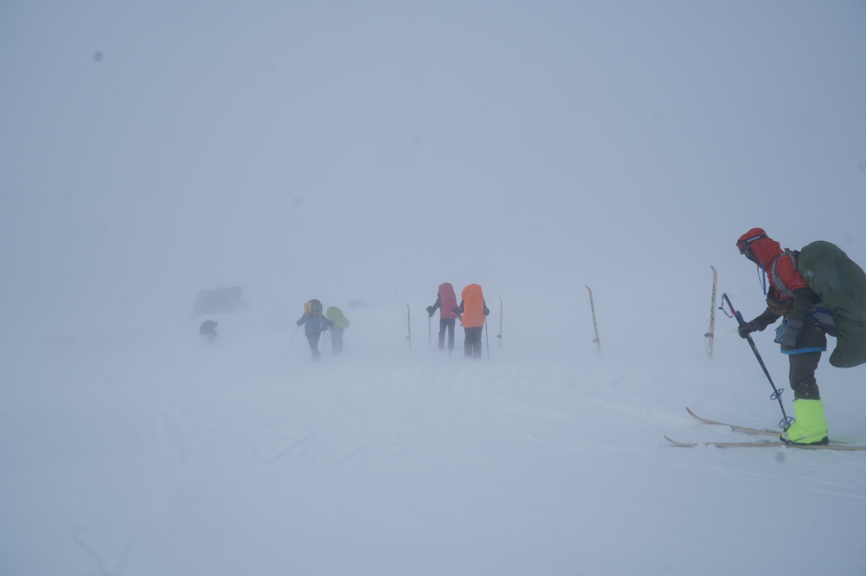 group of skiers moving through fog across a snowy plain