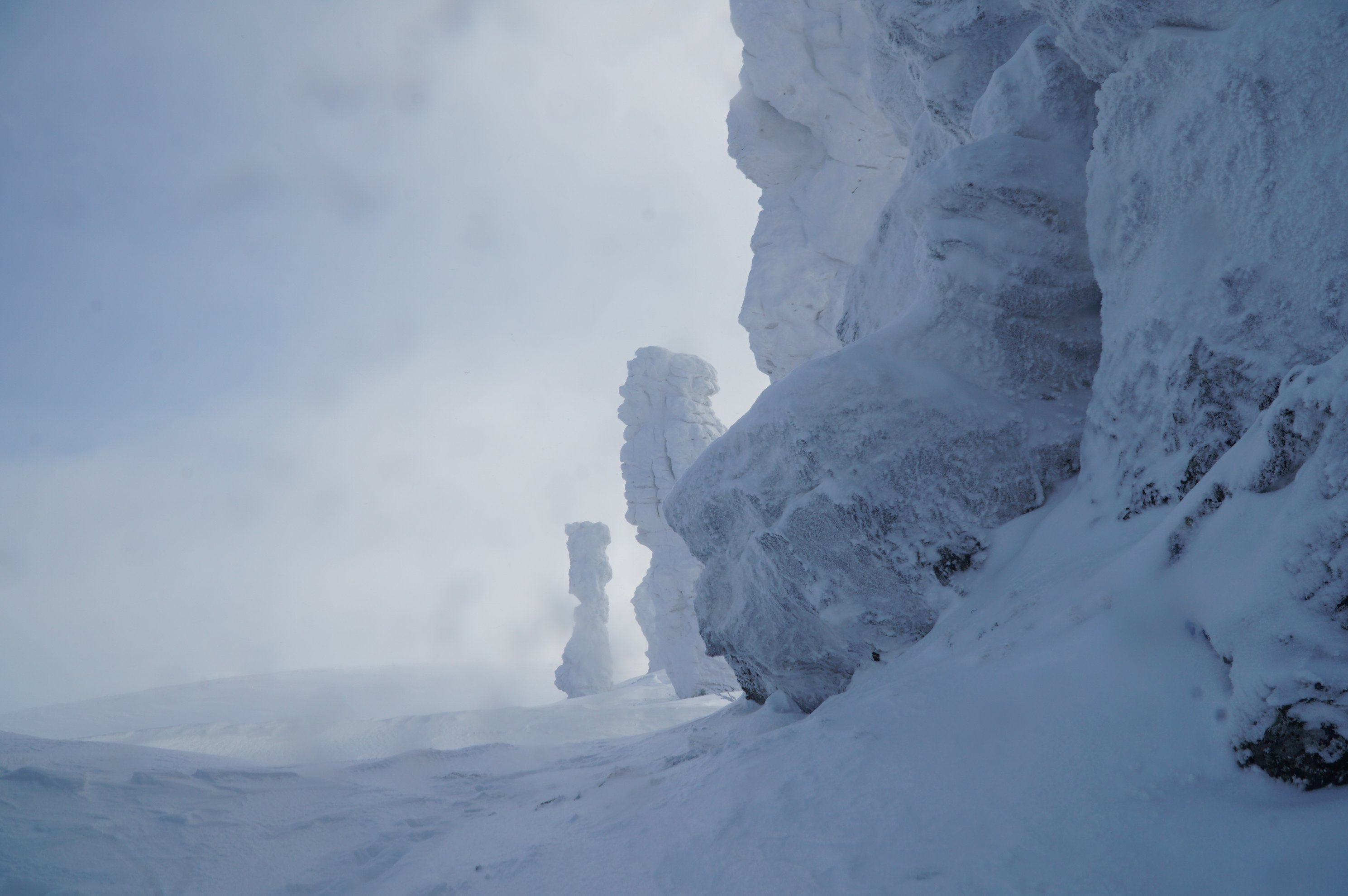 Snow-covered rock pillars under a grey sky