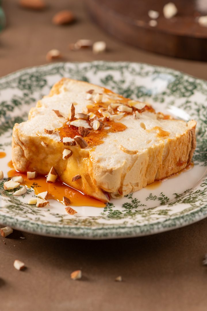 Close-up of a slice on a patterned plate