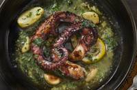 Top-down view of octopus tentacles in garlic butter sauce