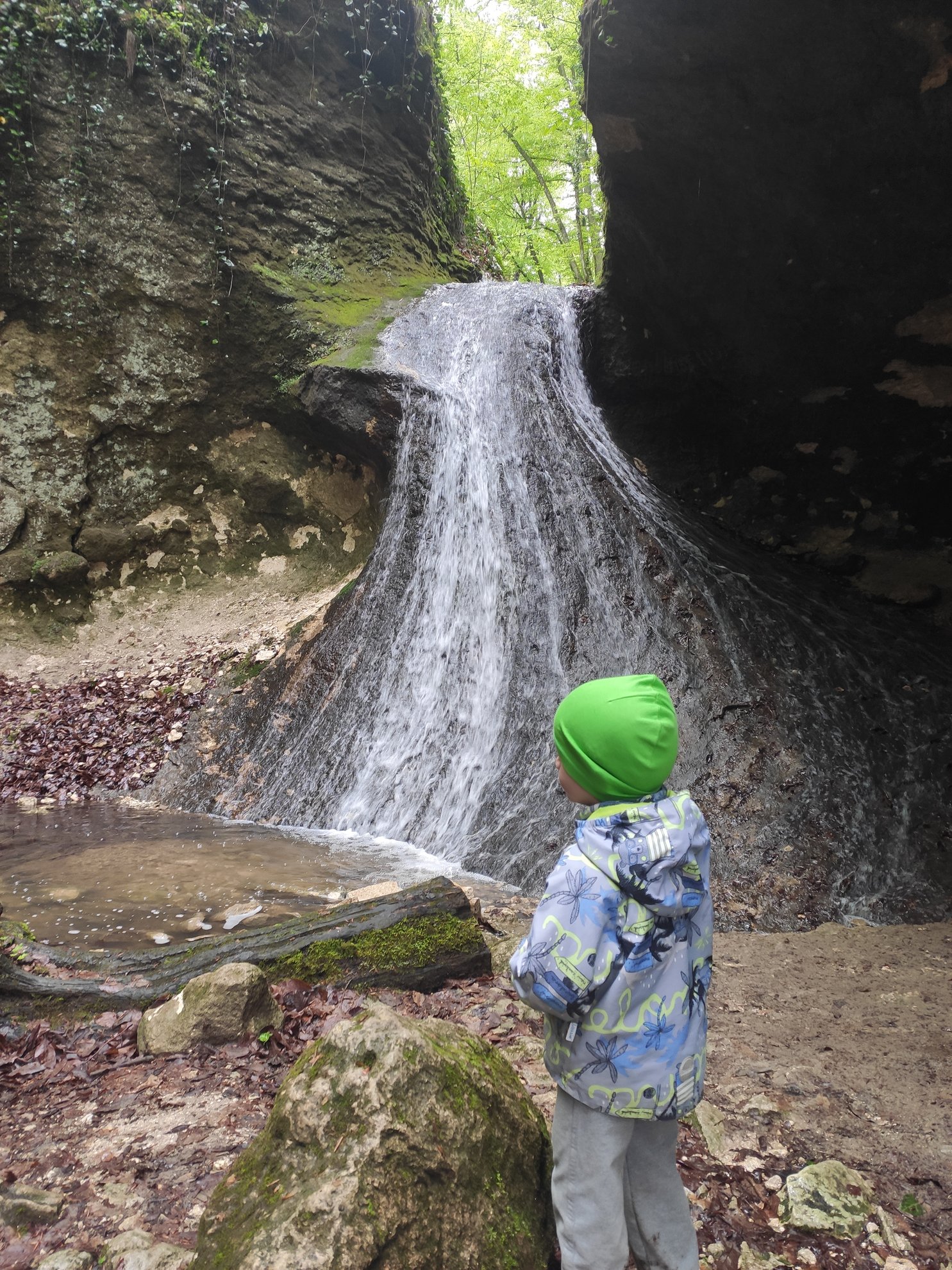 waterfall flowing over dark rock into a pool