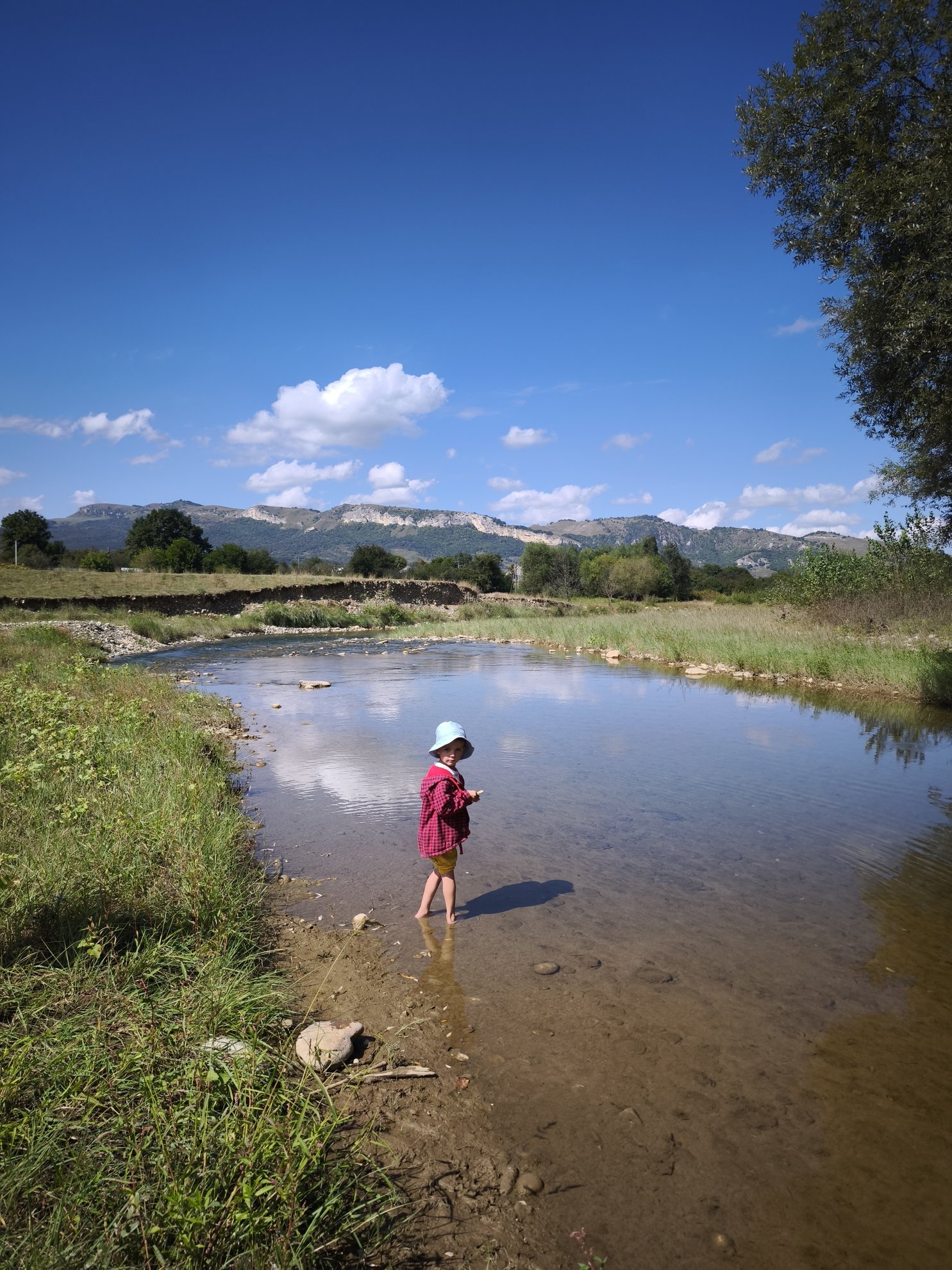 river bank with mountains in the background