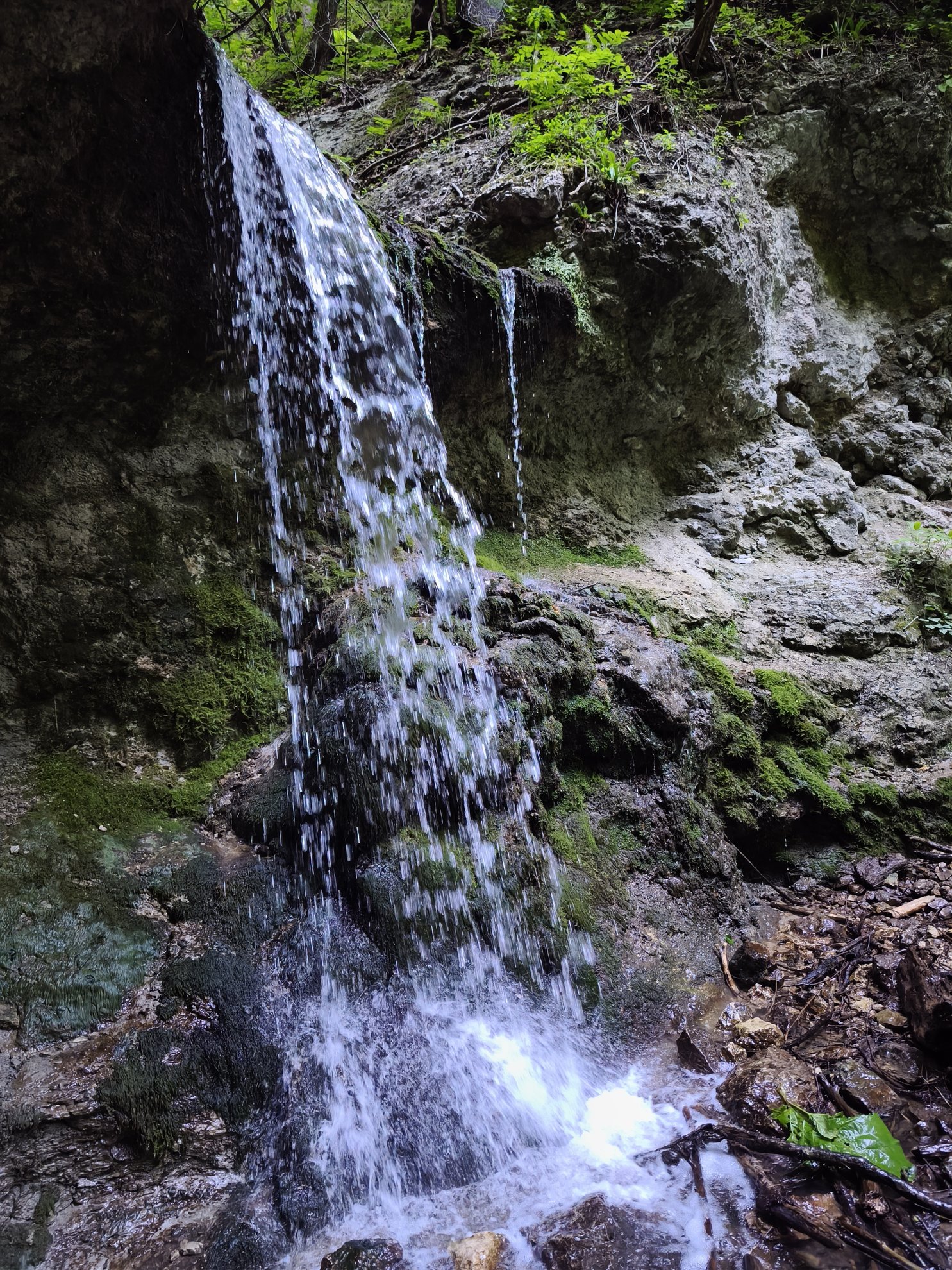 water falling over mossy rocks