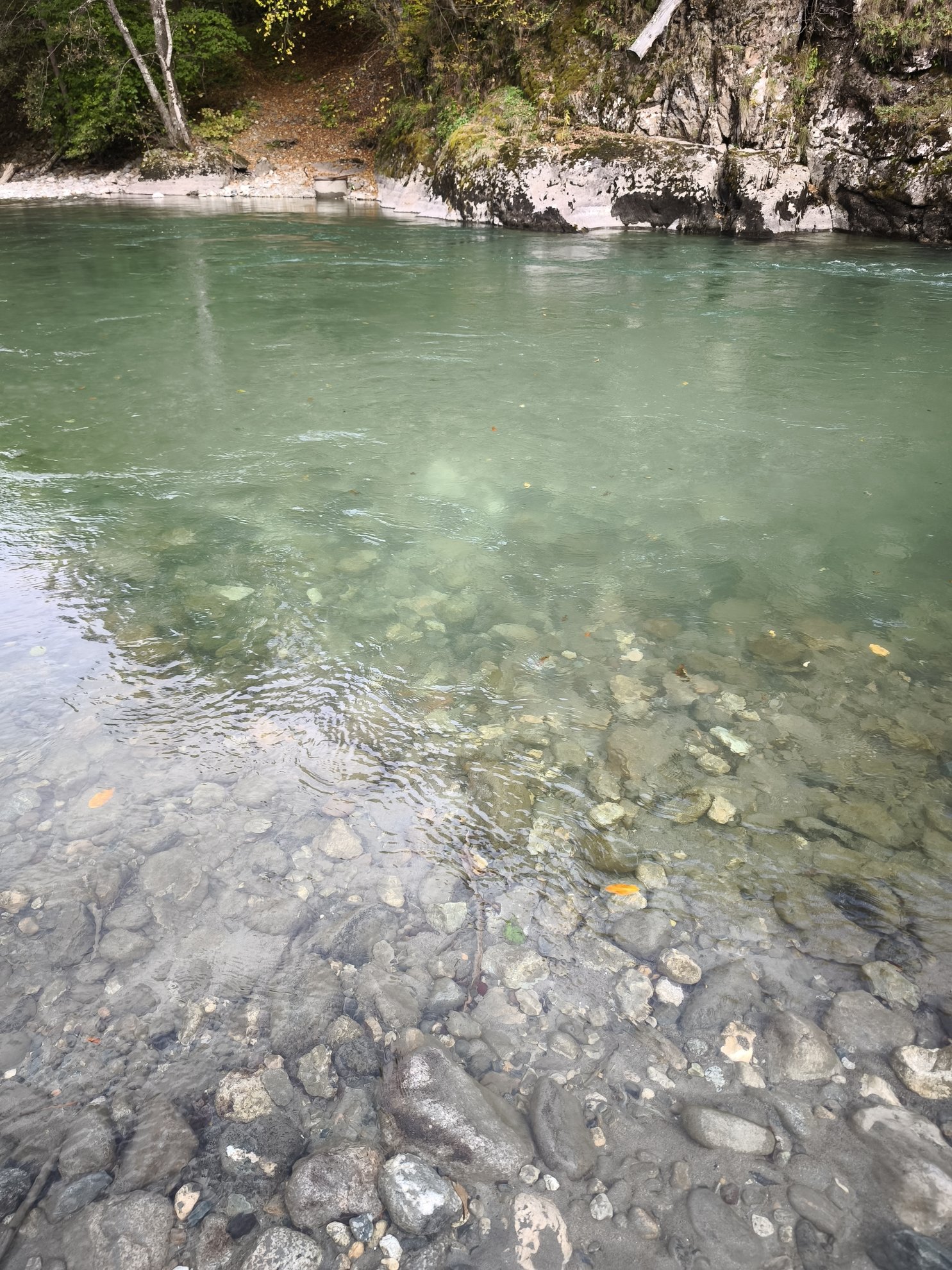 água límpida a correr sobre um leito de rio rochoso