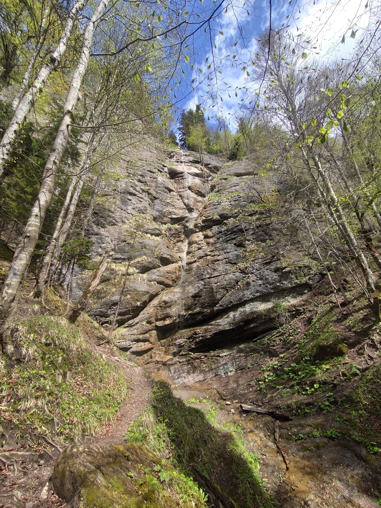 low angle view of the rock face and waterfall